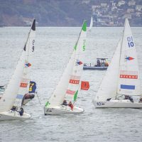 A close finish in a two-on-two team race between Cal and Stanford at the 2025 Big Sail.