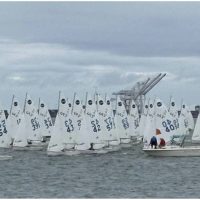 A crowded High School fleet start at the 2026 Rose Bowl Regatta on the first weekend of the year.