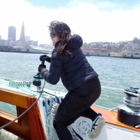 Sailing aboard Cetacea with newbie staysail wench-wincher Regina on June 1, South Beach Harbor, SF @kb