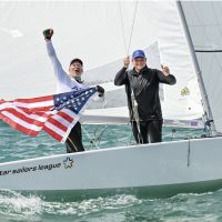 A jubilant Paul Cayard and Frithjof Kleen after winning the 99th Bacardi Cup.