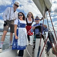 Octoberfest race at Oakland YC © Hugh Westermeyer. Left to right: Will Gasperini, Monkia Treib, Laurette Hartigan and Hugh Westermeyer