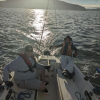 Justin Nielson skipper and crew member Levi Matsushima on Santa Cruz 27 Marley. © Maddy Broome