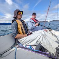 Justin Nielson skipper and crew member Levi Matsushima on Santa Cruz 27 Marley. © Maddy Broome