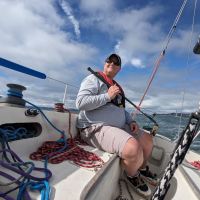 Justin Nielson skipper and crew member Levi Matsushima on Santa Cruz 27 Marley. © Maddy Broome
