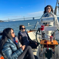 The crew of Cetacea, out of SouthBeach, sail out the Gate for sunset sailing on Dec 1, North Bay Sailing Meetup @kb