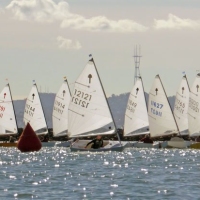 El Toros racing in the RYC Small Boat Midwinters on Potrero Reach. Bigger boats race outside the breakwater. © Christine Weaver
