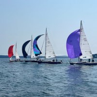 The "drag race to Wasp Passage" —  from left to right: Clarrisa (Soling 27) and the three Martin 242’s – Treachery (Ken’s boat), Purple Martin, and Rozz. The photo was taken from  i (Santa Cruz 27), which was also in this heat.