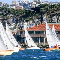 Close Knarr racing in front of StFYC's clubhouse on the San Francisco Marina.