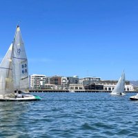 Millimeters racing on the Estuary, with the Oakland waterfront in the background.