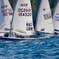 The Tahoe ILCA fleet races upwind
