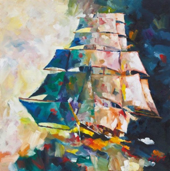 Painting of tall ship with all sails set