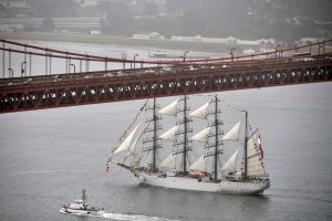 Tall ship under Golden Gate Bridge