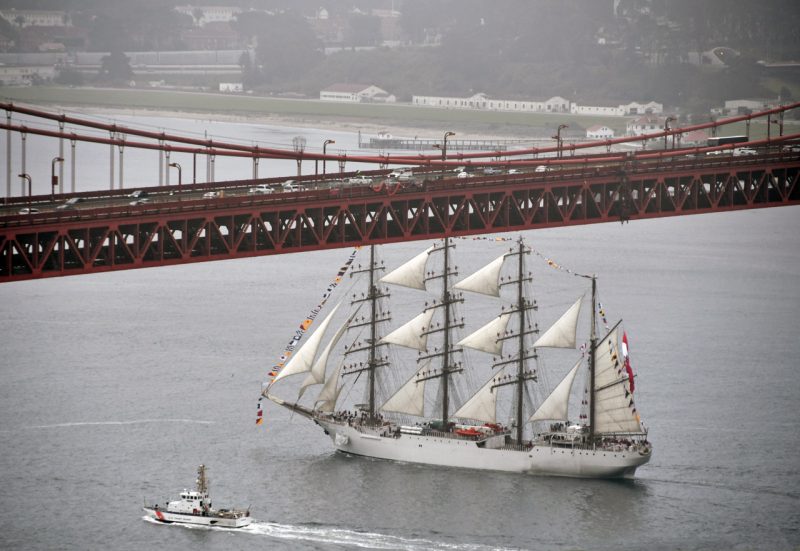 Tall ship under Golden Gate Bridge