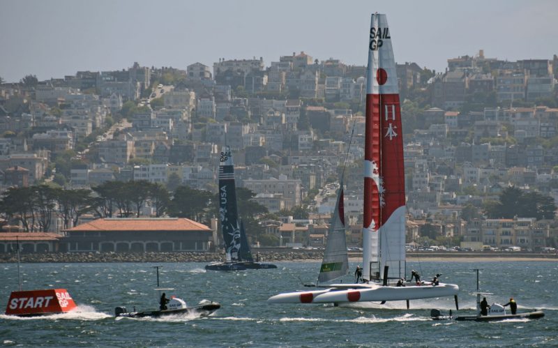 Japan and USA boats with St. Francis Yacht Club in the background.