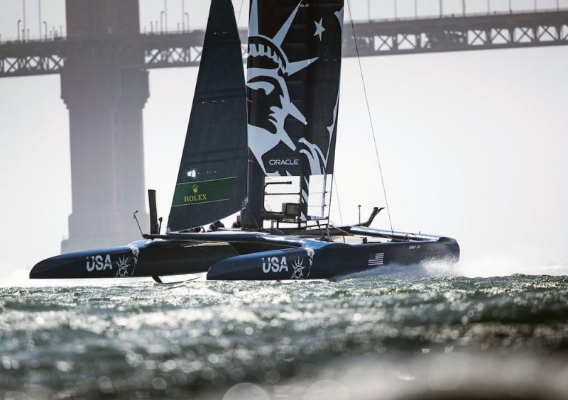 US SailGP F50 catamaran in front of Golden Gate Bridge