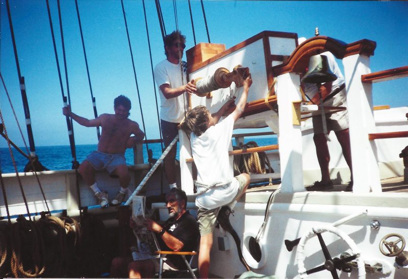 The crew of Pilgrim working the lines on deck