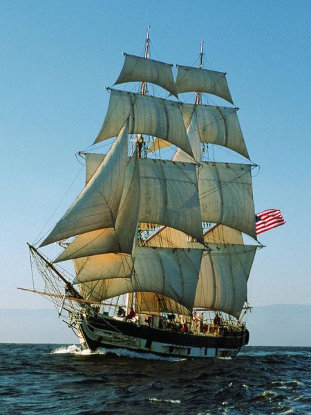 Brig Pilgrim sailing in light air with full sails circa 2000