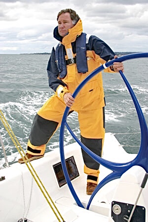 Chuck Hawley at the wheel of a Sydney 38 on Monterey Bay