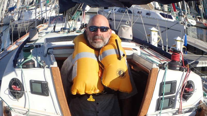 Tom Burden wearing a freshly deployed Mustang lifevest