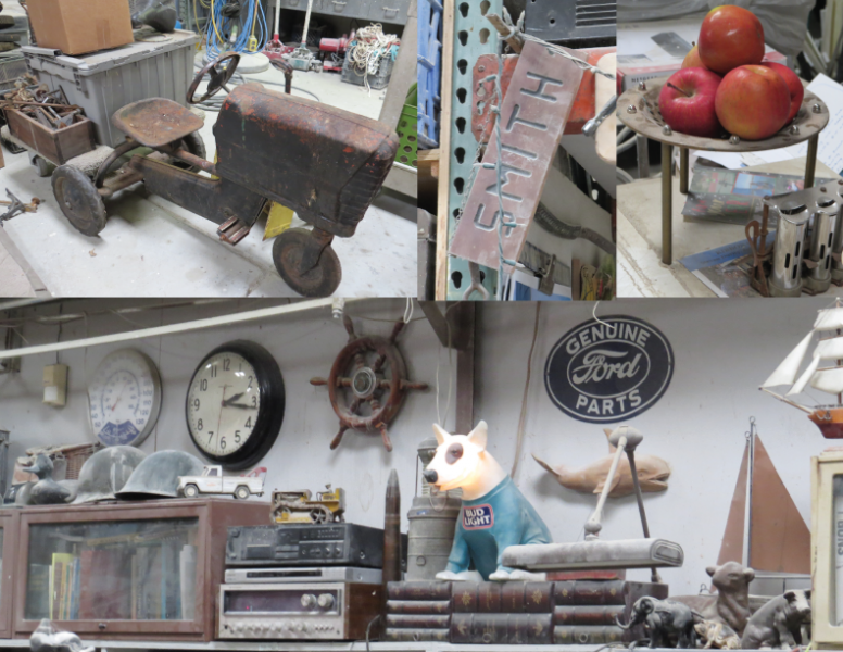 Stuff around the shop at Elkhorn Composites, and old rusty tractor toy, a wooden sign with the name "SMITH" carved on it, a metal tray with 3 fresh apples, and a wall with collectibles