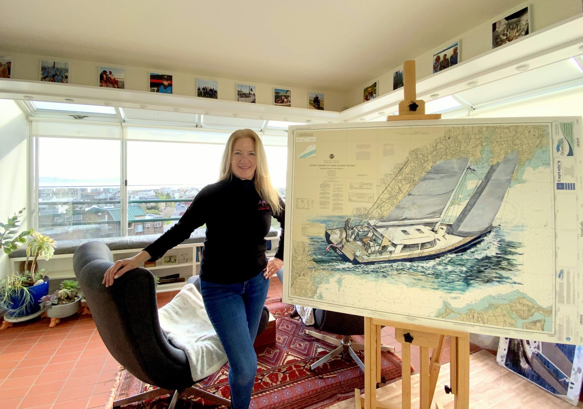 Denise with Long Island Sound, chart painting