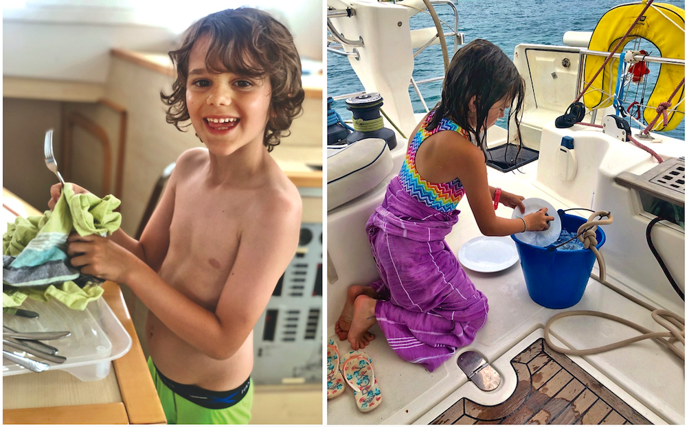 Milum kids doing dishes on board