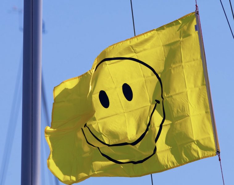 Happy-face flag flies on a neighboring boat