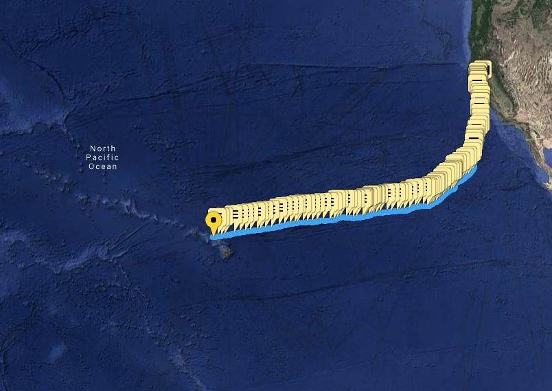 Lia Ditton approaches Hawaii. Map track across the Pacific