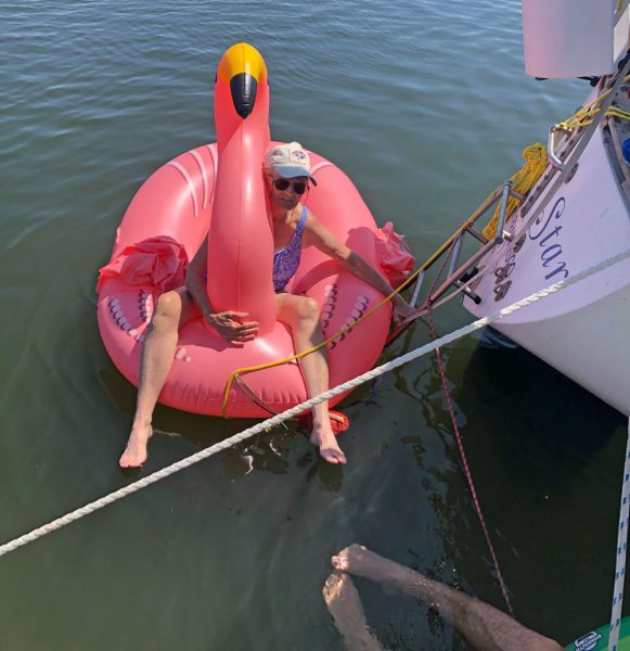Betty in a flamingo float
