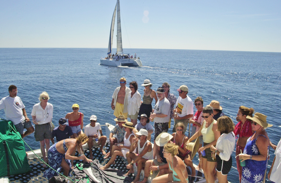 35 sailors gathered on Profligate foredeck in Mexico