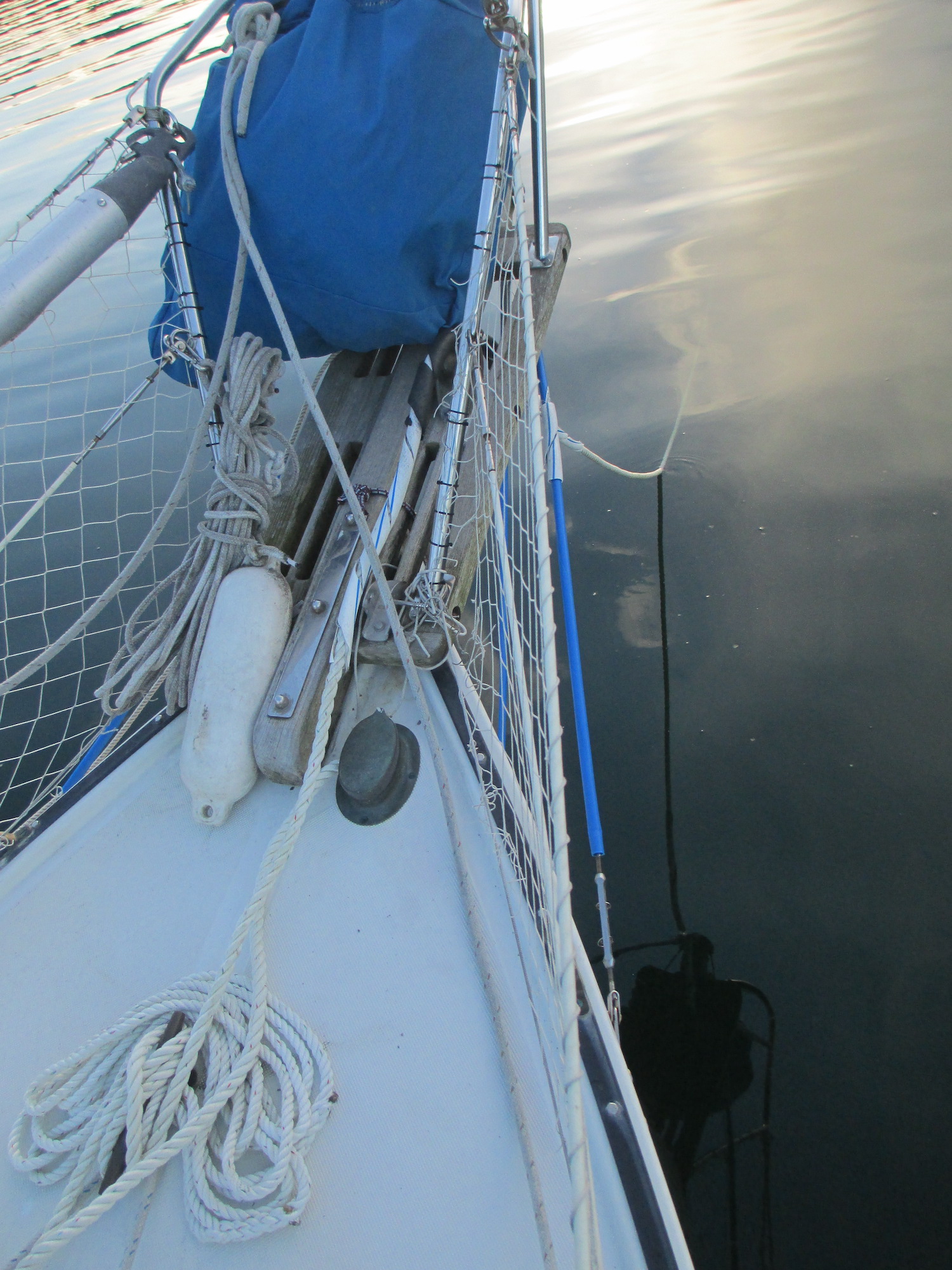 Bobstay chafe gear visible at anchor