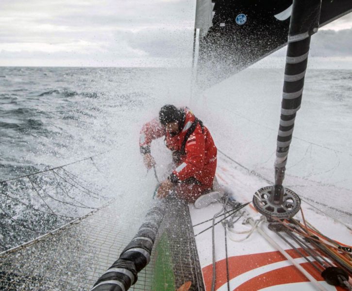 Changing a headsail with spray flying