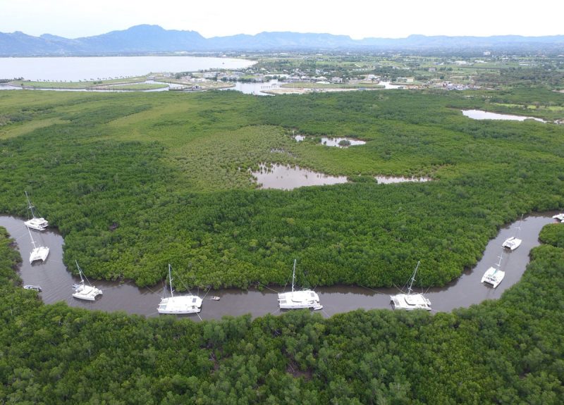 Aerial view of mangrove river with catamarans moored.