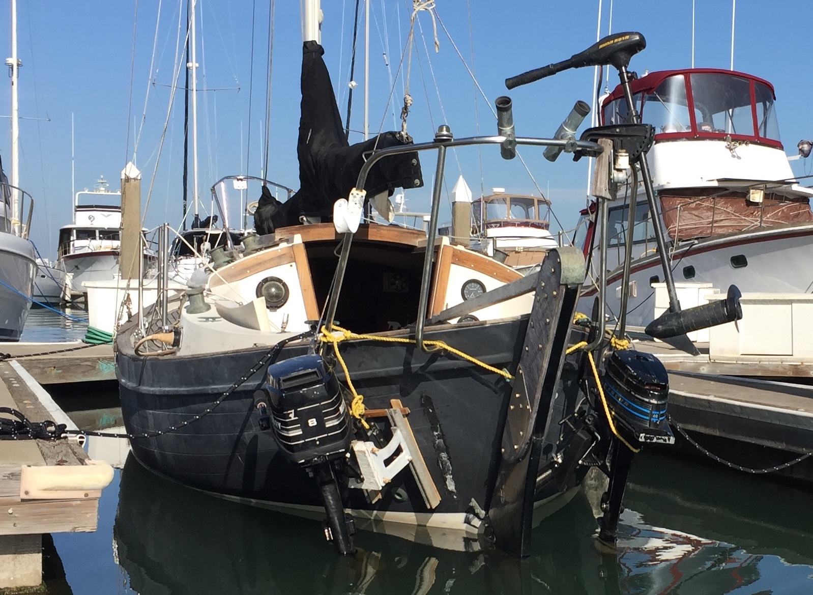 sailboat with two outboards on transom