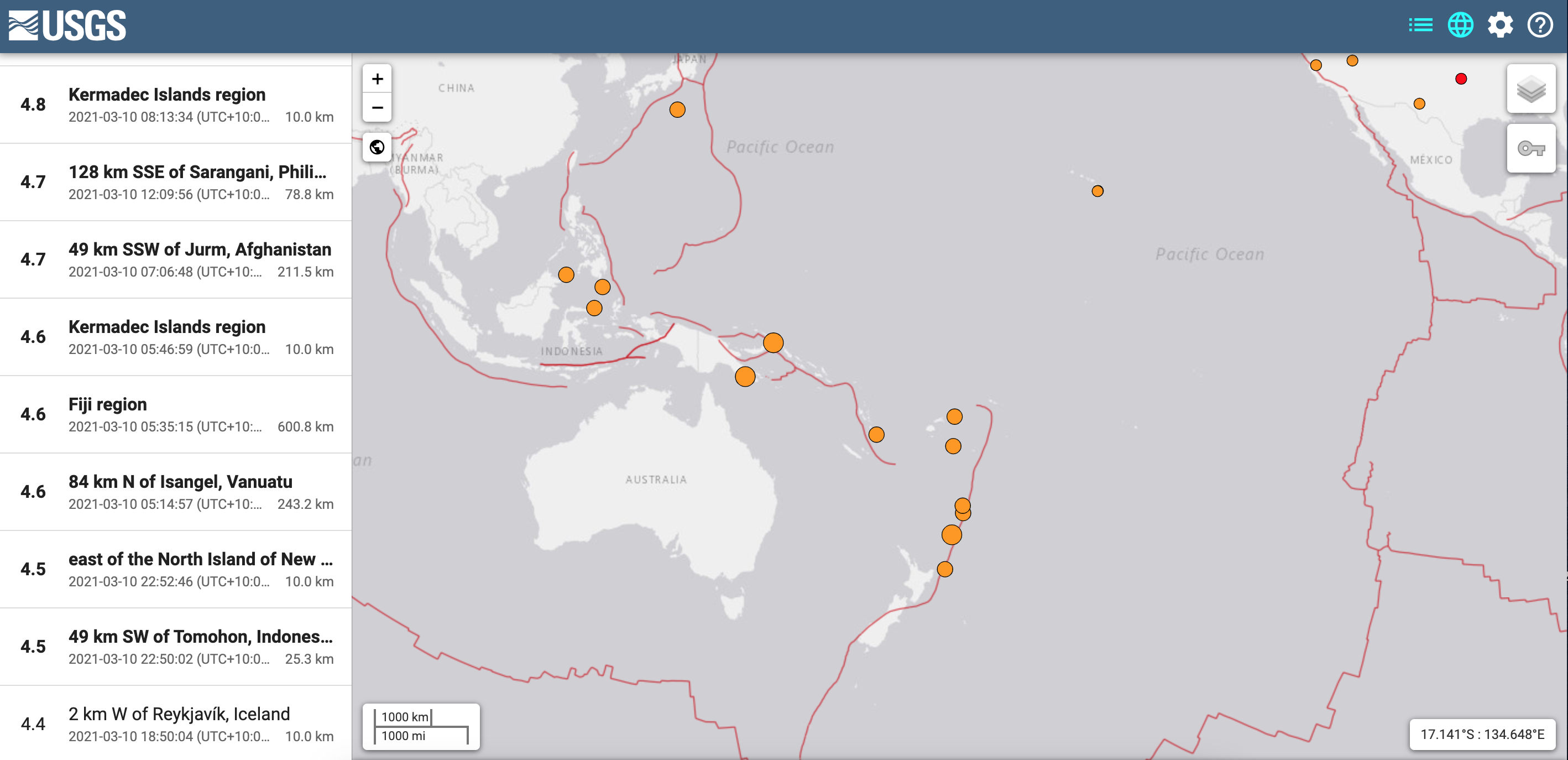 Earthquakes on map