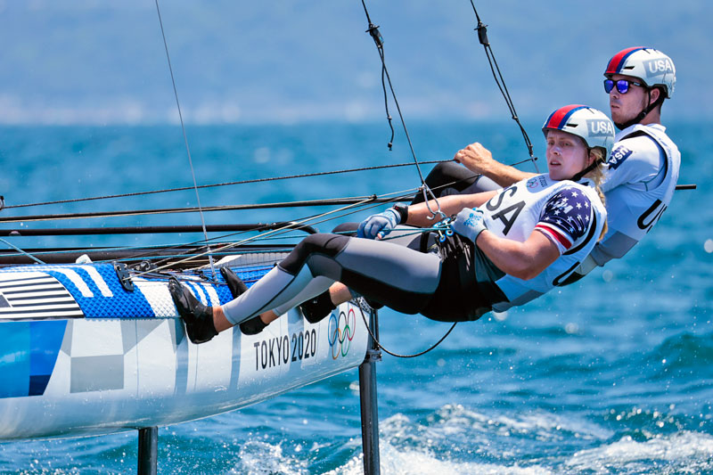 Anna Weis and Riley Gibbs trapped out on a Nacra 17