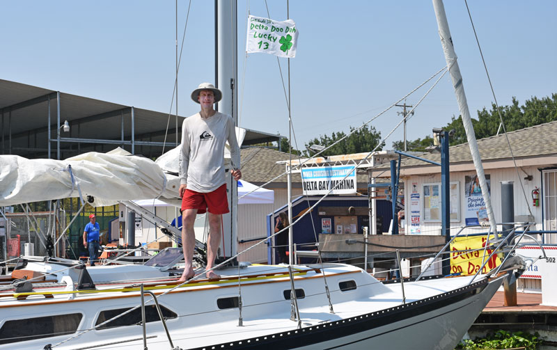 Dan Throop on the Islander 36 Windcatcher at the dock.