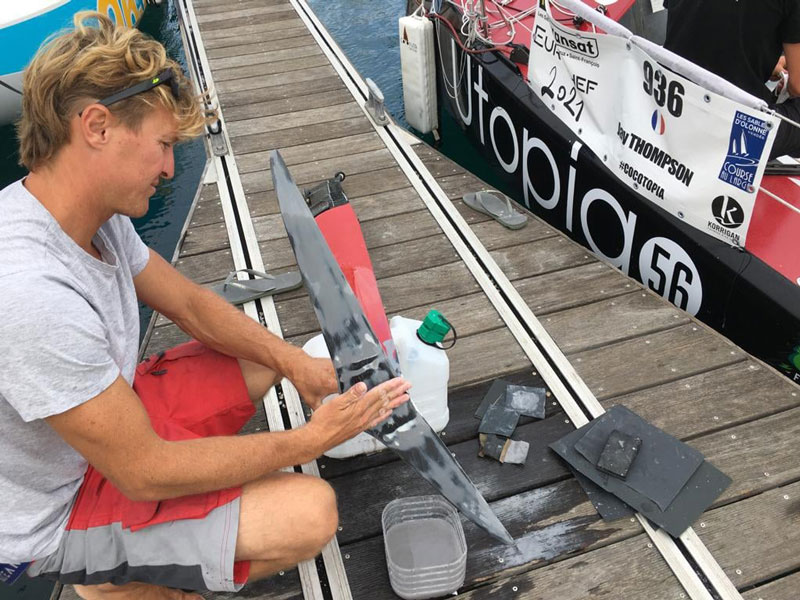 Jay Thompson repairing rudder T-foil