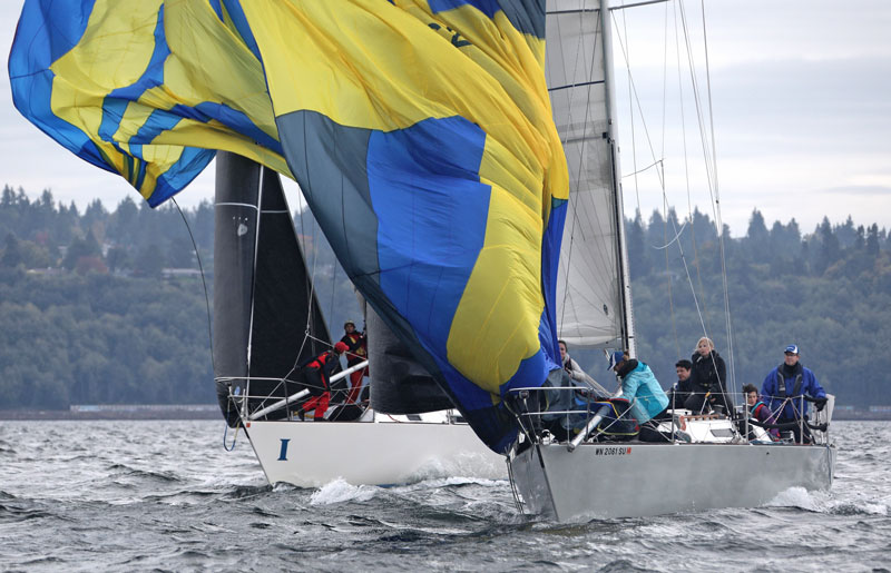 blue and yellow spinnaker douse