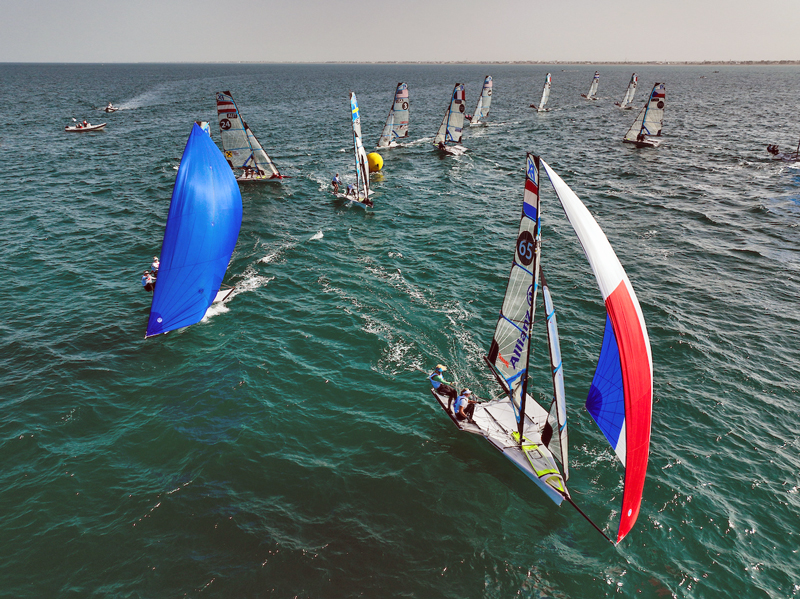 aerial of 49erFX fleet with spinnakers