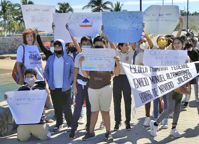 School kids with signs