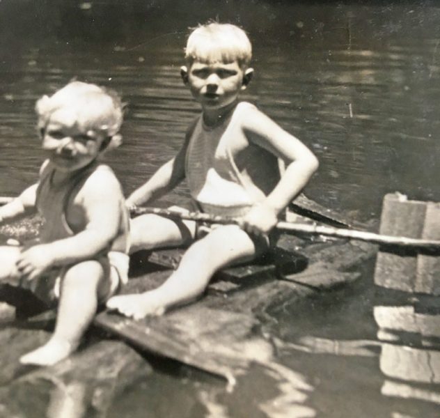 Little kids on homemade raft