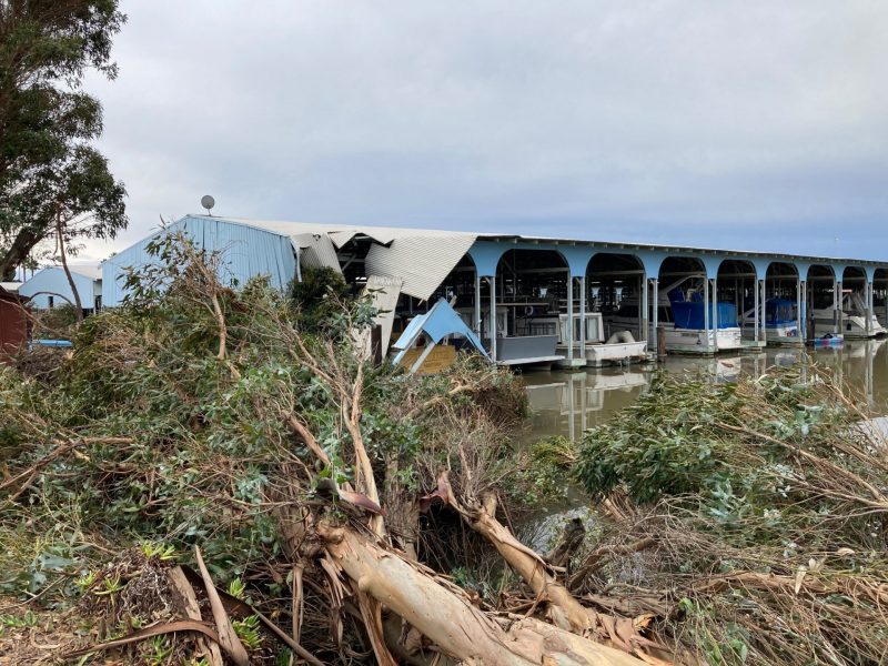 trees fallen on boat shed at Ox Bow Marina