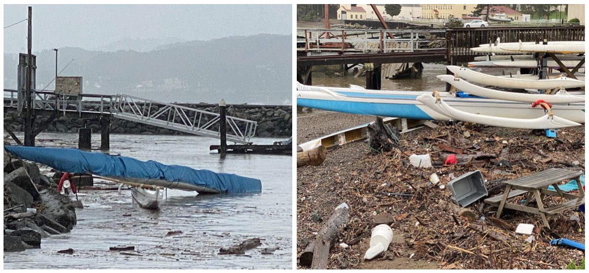 outriggers on beach after storm