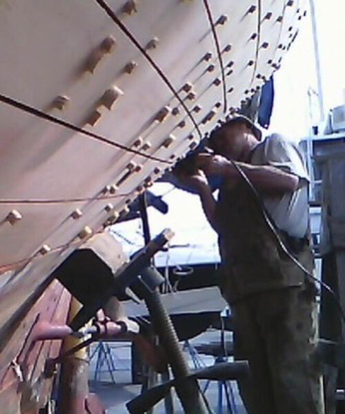 Folly and Allen during her restoration at San Francisco Boat Works