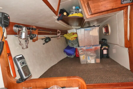Served as our "garage" for miscellany - but we have the original cushions. Long shelf  stores pump and poles for inflatable out of the way.