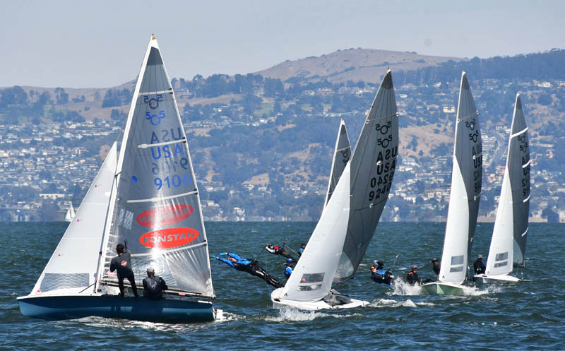 Mike Martin and Adam Lowry cross the fleet on port.