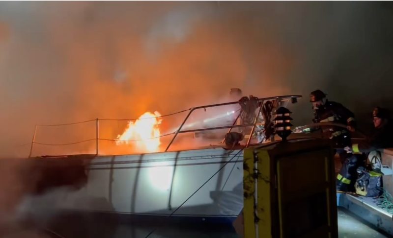 Boat fire at Marina Village Yacht Harbor, Alameda