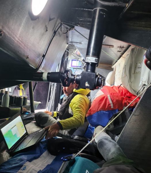 Navigator Sylvain Barrielle down below with all the comforts of home. 