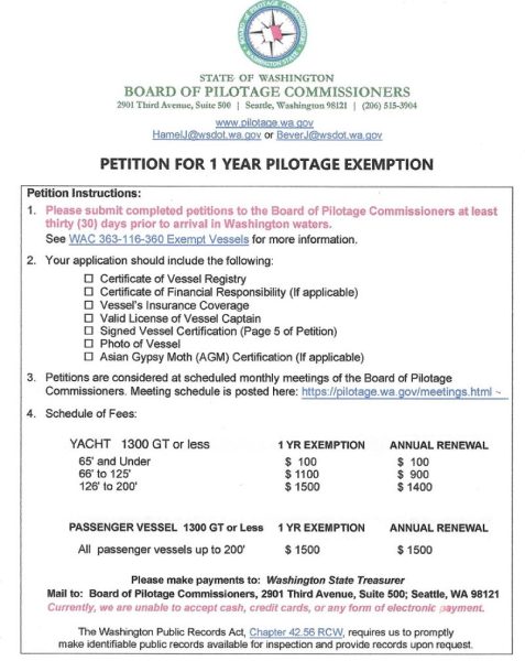 A special exemption form and fee awaits foreign flagged vessels wanting to cruise Washington state.